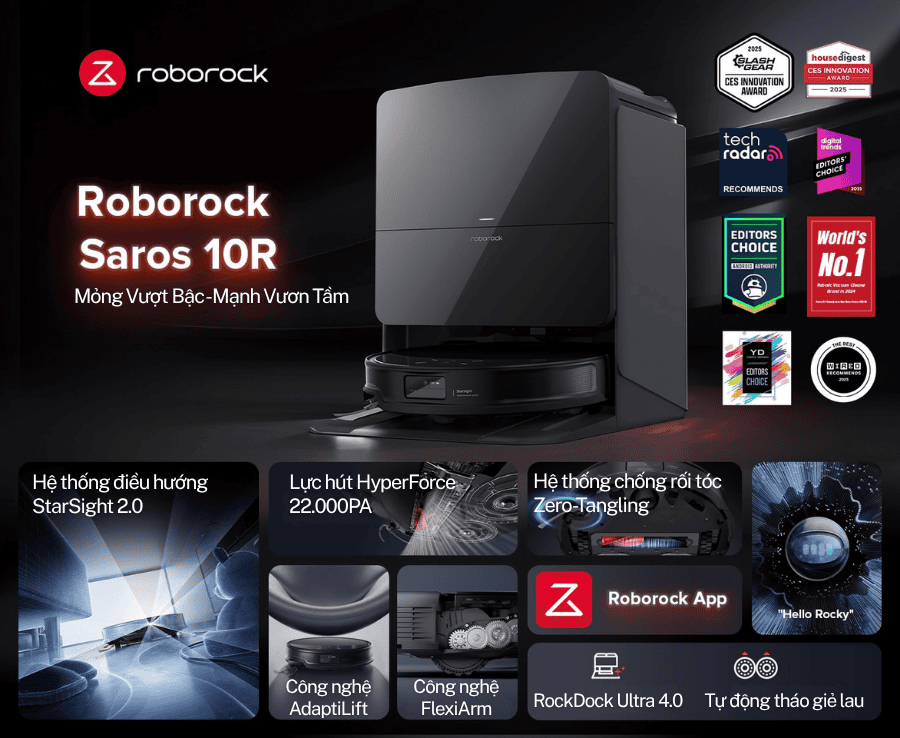 Robot Hút Bụi Lau Nhà Roborock Saros 10R - Bảo Hành 24Th