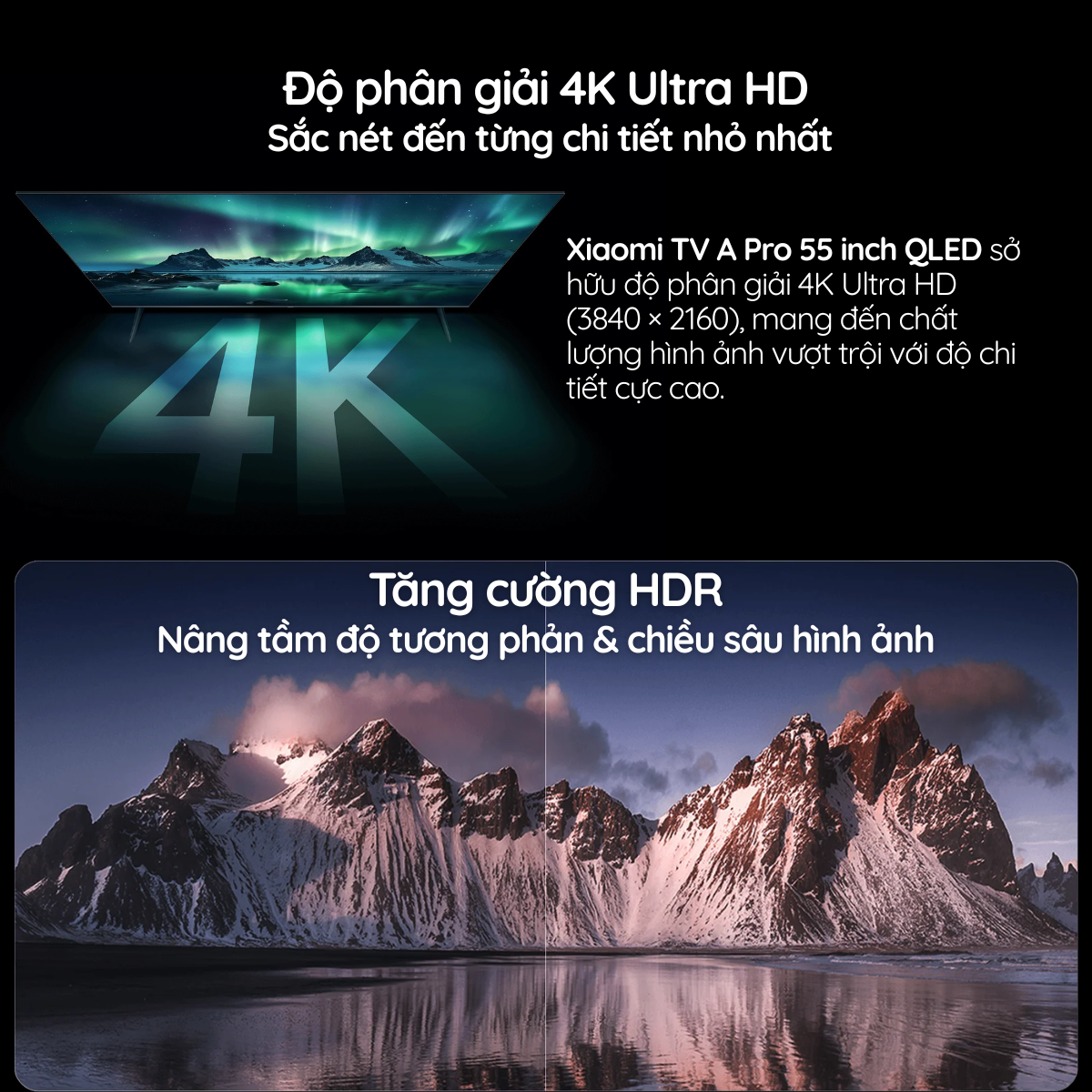 Google Tivi Xiaomi A Pro QLED 4K 55'' 2026 4K UHD + HDR - Sắc nét đến từng chi tiết