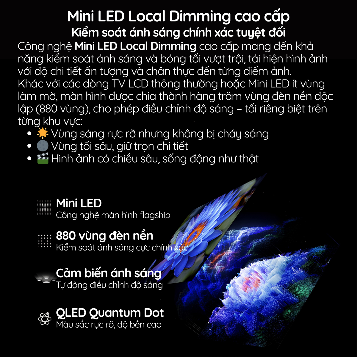 Mini LED Local Dimming cao cấp Kiểm soát ánh sáng chính xác tuyệt đối