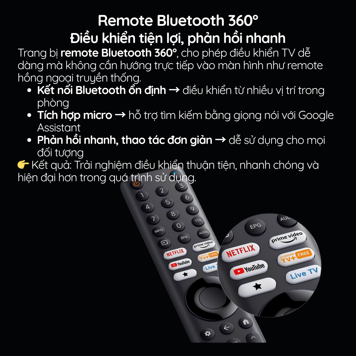 Trang bị remote Bluetooth 360°, cho phép điều khiển TV dễ dàng mà không cần hướng trực tiếp vào màn hình