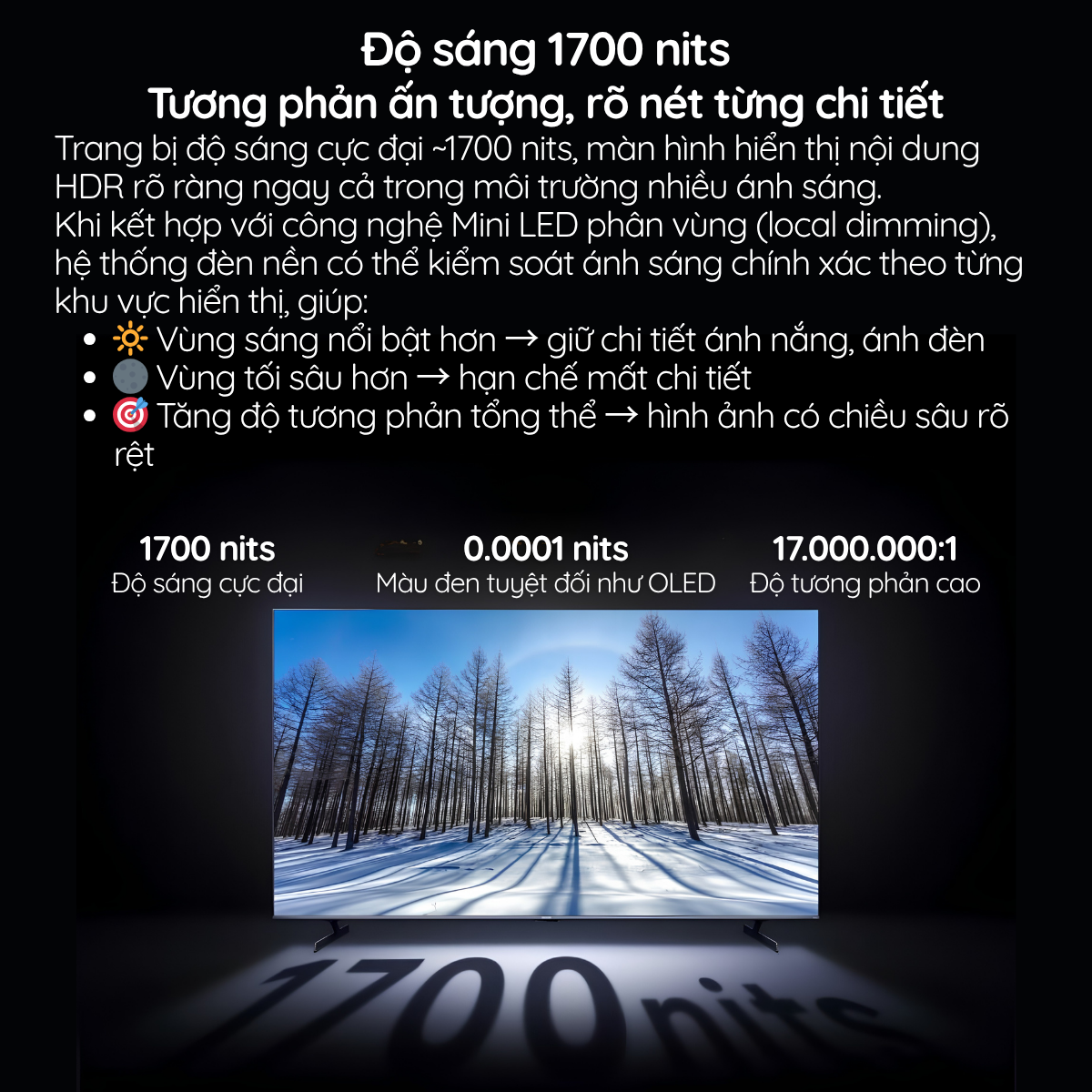 Độ sáng 1700 nits Tương phản ấn tượng, rõ nét từng chi tiết