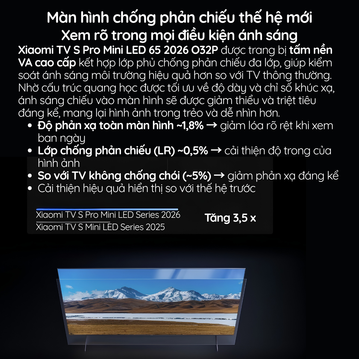 Xiaomi TV S Pro Mini LED 65 2026 O32P được trang bị tấm nền VA cao cấp kết hợp lớp phủ chống phản chiếu đa lớp