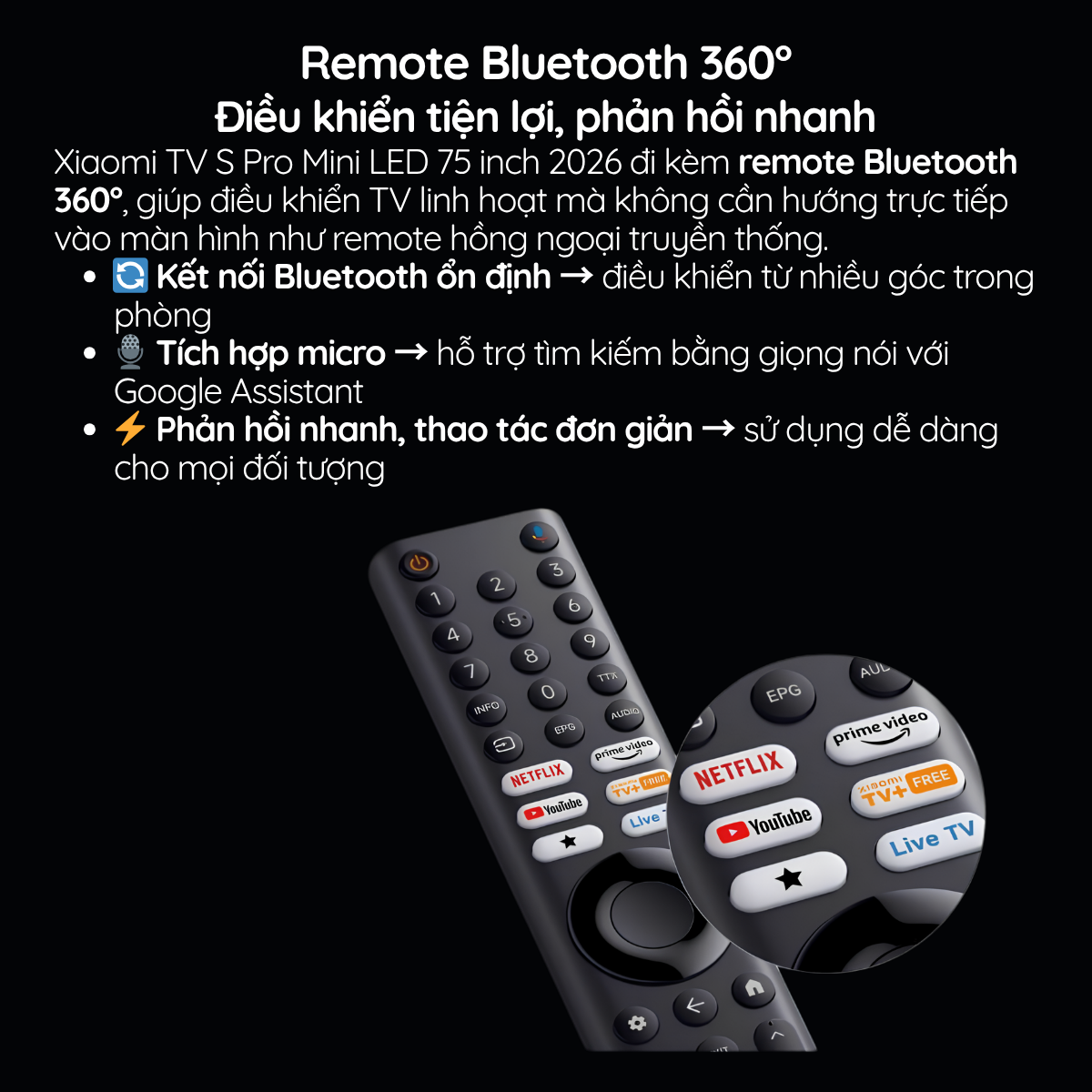 Remote Bluetooth 360° Điều khiển tiện lợi, phản hồi nhanh