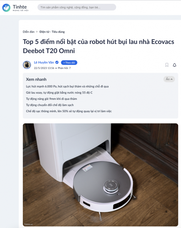 Top 5 điểm nổi bật của robot hút bụi lau nhà Ecovacs Deebot T20 Omni - Tinhte